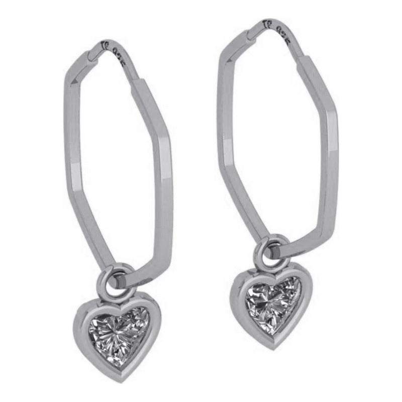 Brinco Argola Hexagonal Prata 925 Pingente Coração- Zircônia