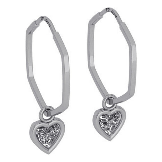 Brinco Argola Hexagonal Prata 925 Pingente Coração- Zircônia