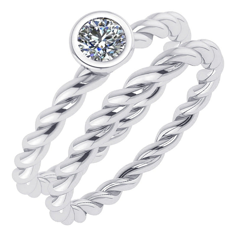Anel Duplo Prata 925 Solitário Torcido Zirconia - Exclusivo