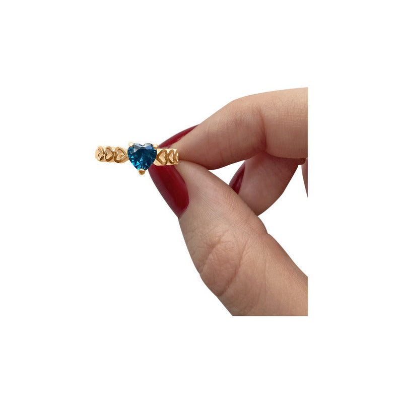 Anel Luxo Coração Prata 925 Dourada A Ouro 18k- Topázio Azul
