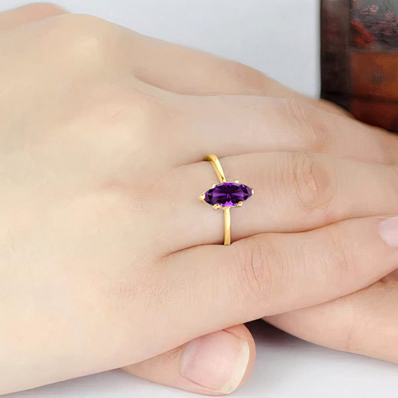 Anel Navete Prata 925 Dourada Ouro 18k - Ametista