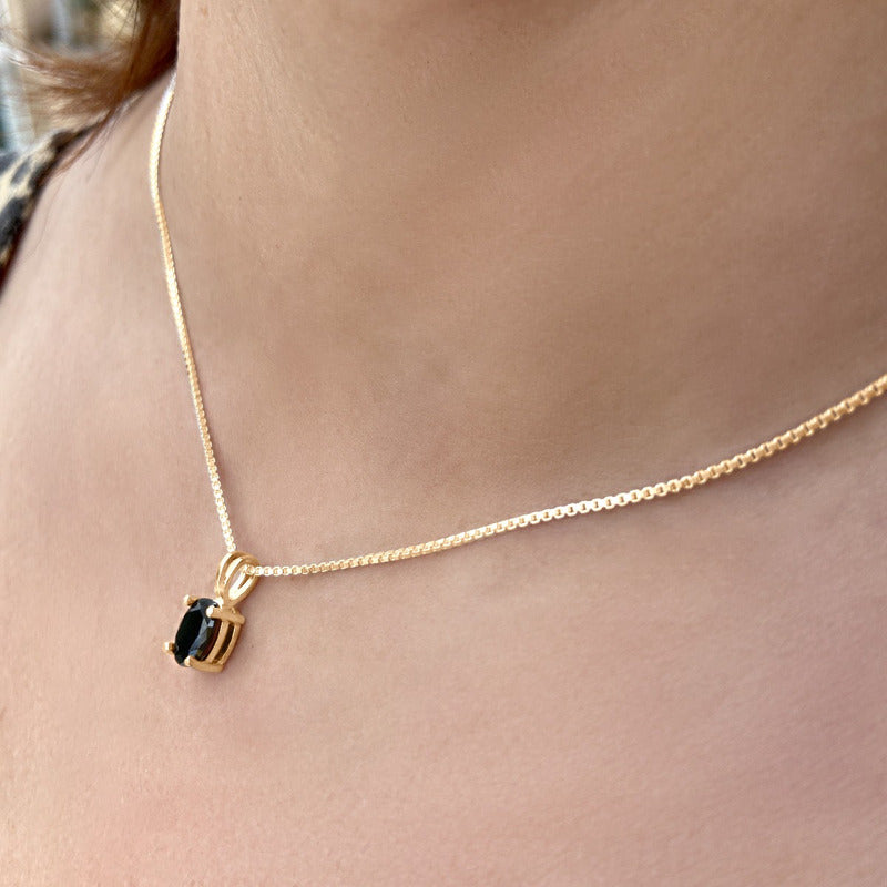 Colar Pingente Oval Prata 925 Dourada 18k - Black Ônix