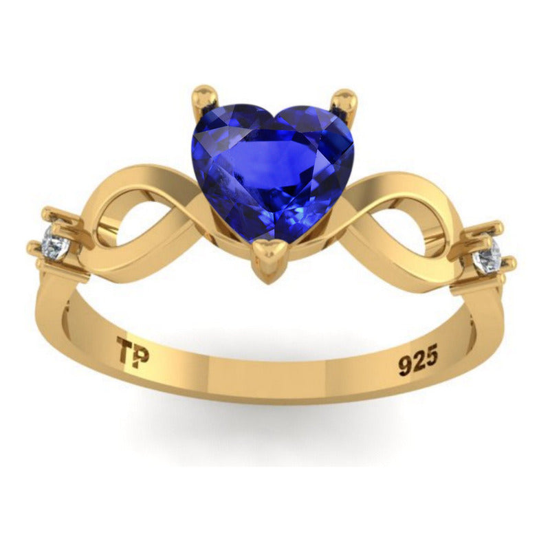 Anel Prata 925 Dourada 18k Infinito Amor Coração - Safira