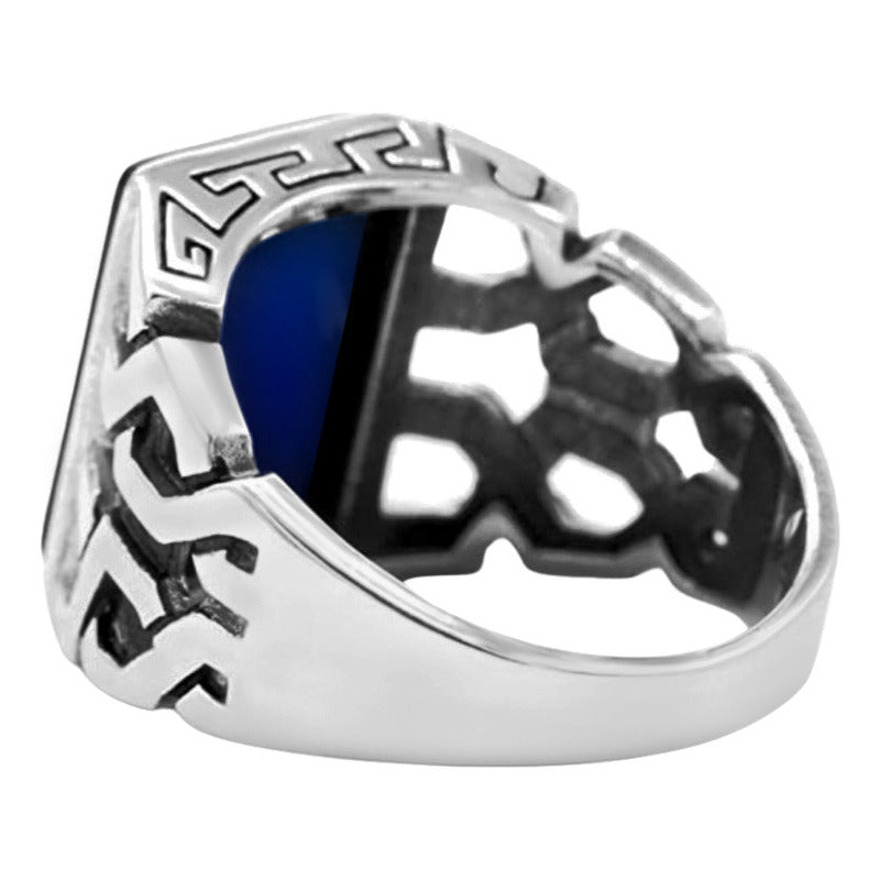 Anel Prata 925 Masculino Elos Retangular - Ágata Azul