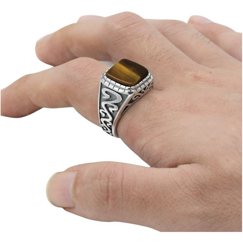 Anel Masculino Esculpido Prata 925 Olho De Tigre