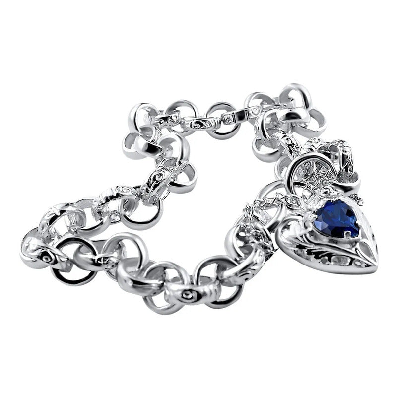 Pulseira Prata 925 Elo Português Safira Azul - Fecho Coração