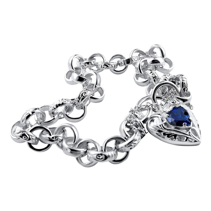 Pulseira Prata 925 Elo Português Safira Azul - Fecho Coração