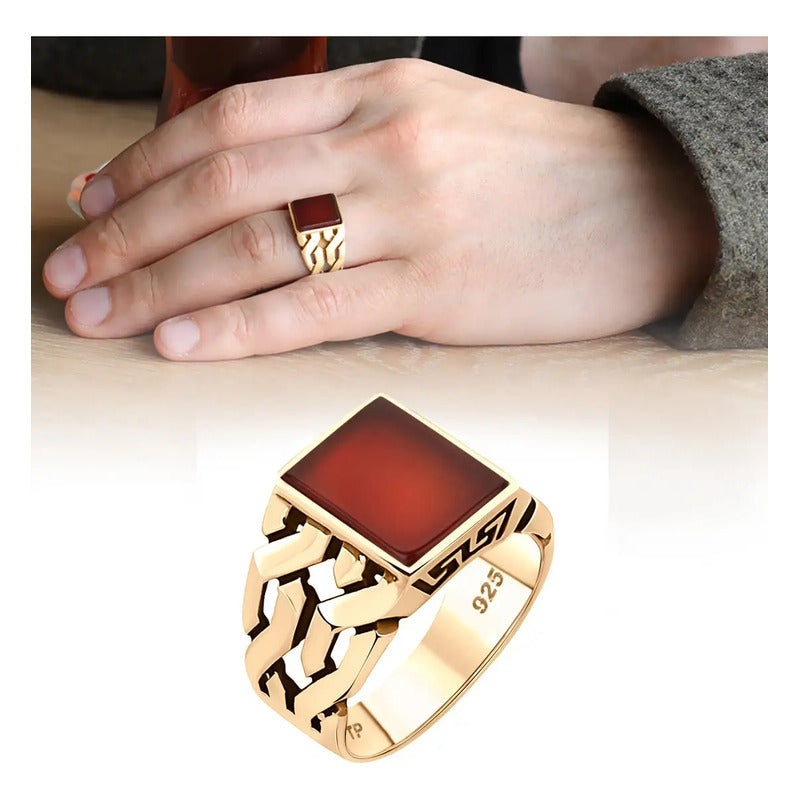 Anel Masculino Prata 925 Banhado Ouro 18k Ágata Vermelha Elos Tamanho 17 Vermelho