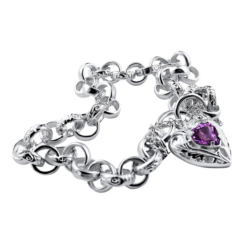 Pulseira Prata 925 Elo Português Ametista - Fecho Coração