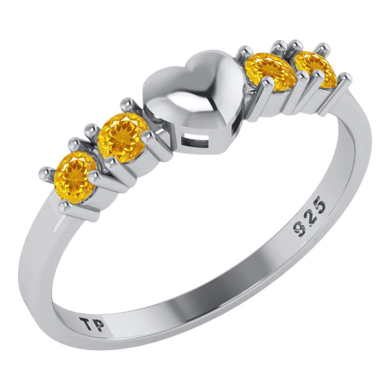 Solid Heart Ring In Pure 925 Silver - Citrine