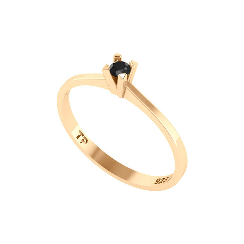 Anel Solitário Prata 925 Dourada 18k - Black Ônix