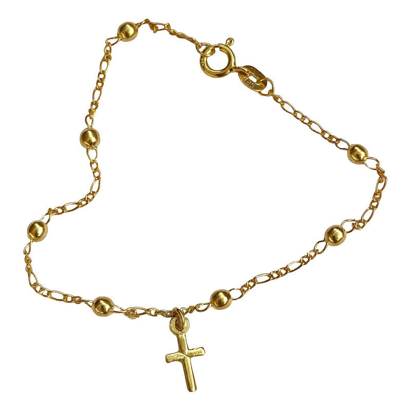 Pulseira Prata 925 Dourada 18k Bolinha 3mm - Pingente Cruz