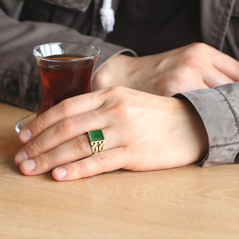 Anel Masculino Elos Prata 925 Dourada Ouro 18k - Ágata Verde