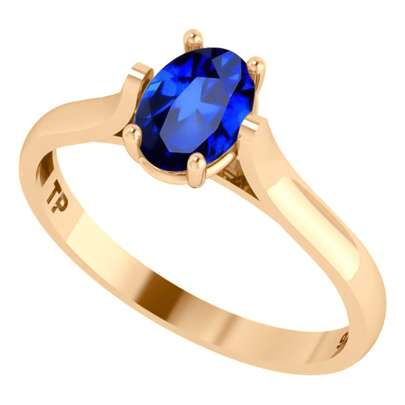 Anel Solitário Oval Em Prata 925 Dourada 18k - Safira