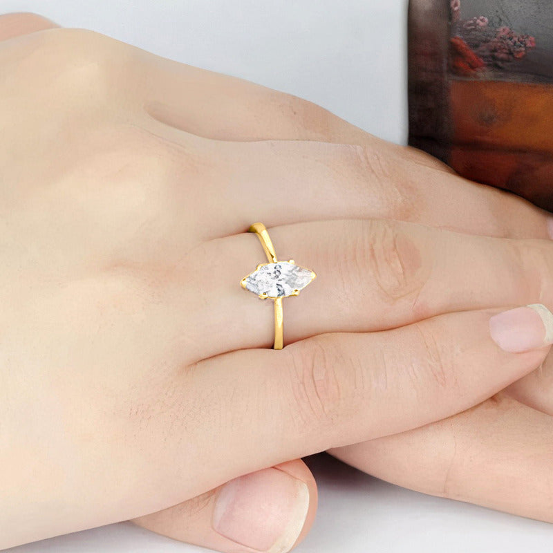 Anel Navete Prata 925 Dourada Ouro 18k - Zircônia