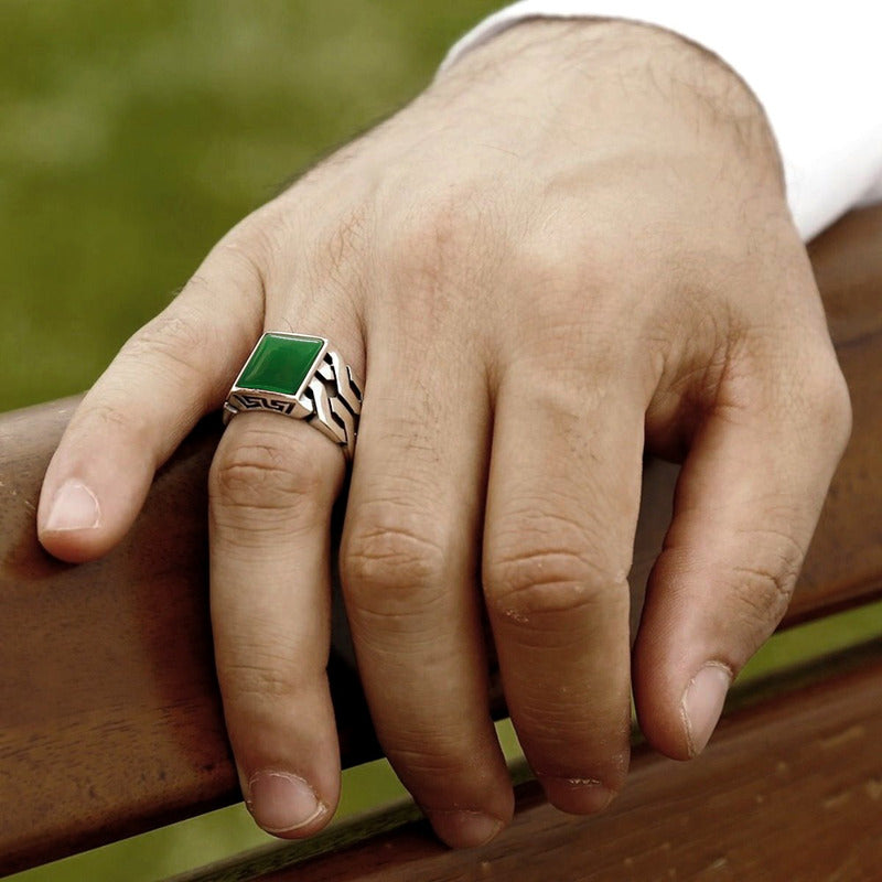 Anel Prata 925 Masculino Elos Esculpido - Ágata Verde