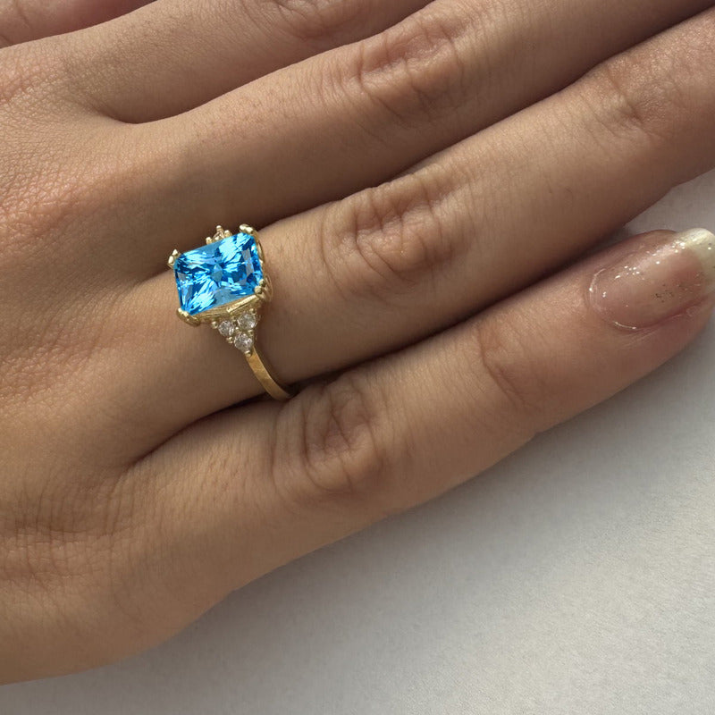 Anel Vintage Clássico Prata 925 Dourada 18k Topázio Azul