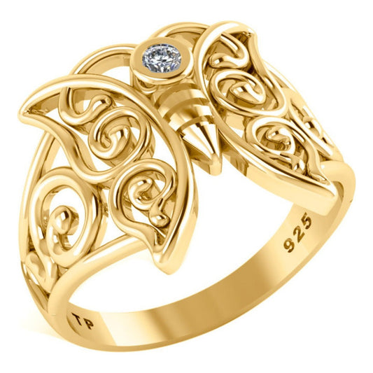 Anel Borboleta Celta Prata 925 Dourada 18k - Zircônia