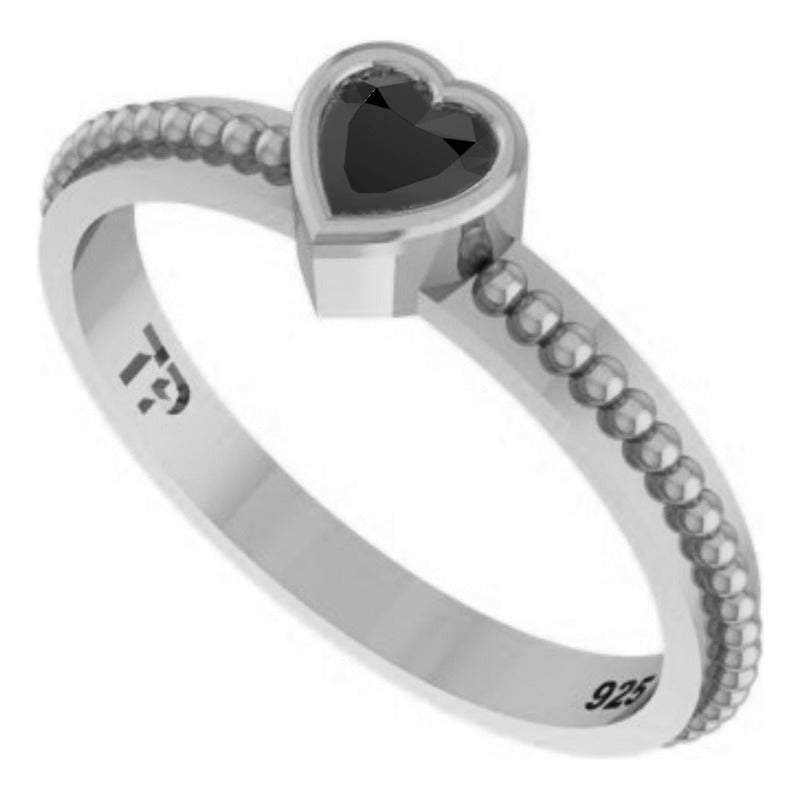 Anel De Prata 925 Solitário Coração Black Onix - Exclusivo