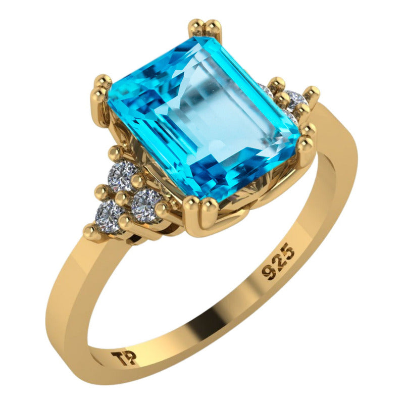 Classic Vintage Ring 925 Silver 18k Gold Blue Topaz
