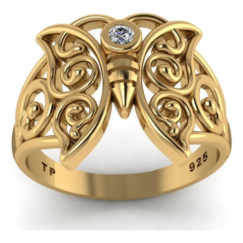 Anel Borboleta Celta Prata 925 Dourada 18k - Zircônia