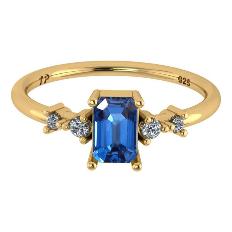 Anel Viena Retangular Prata 925 Dourada 18k - Safira