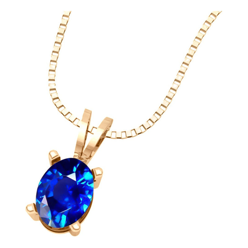 Colar Pingente Oval Prata 925 Dourada 18k - Safira