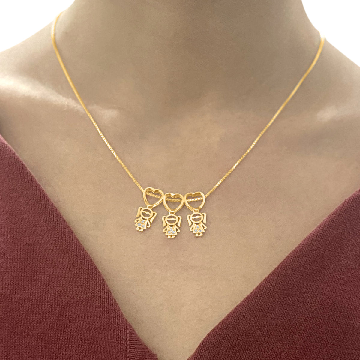 Colar Canga 3 Meninas Zircônias - Prata 925 Dourada Ouro 18k