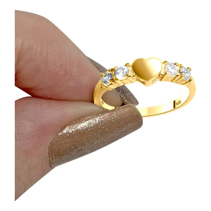 Anel Coração Sólido Prata 925 Dourada Ouro 18k - Zircônia