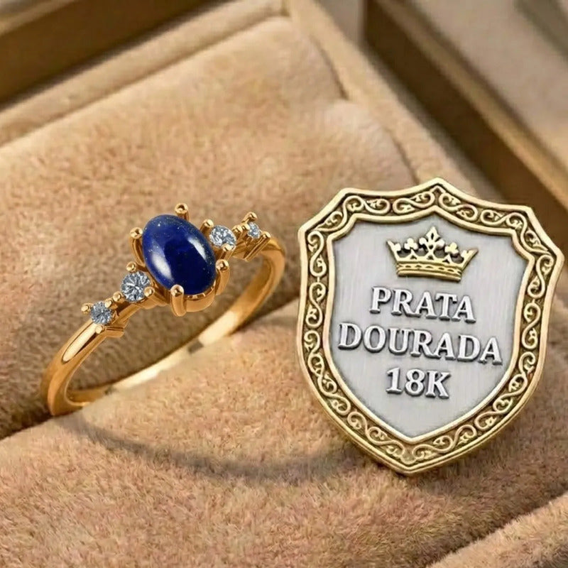 Anel London Andilázuli Prata 925 Dourada 18k Lápis-lazúli