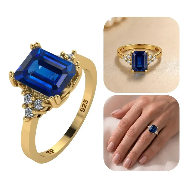 Anel Vintage Clássico Prata 925 Dourada 18k Safira