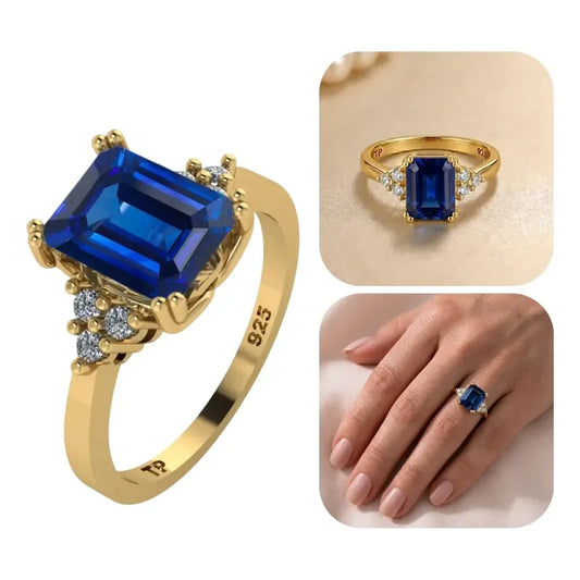 Anel Vintage Clássico Prata 925 Dourada 18k Safira