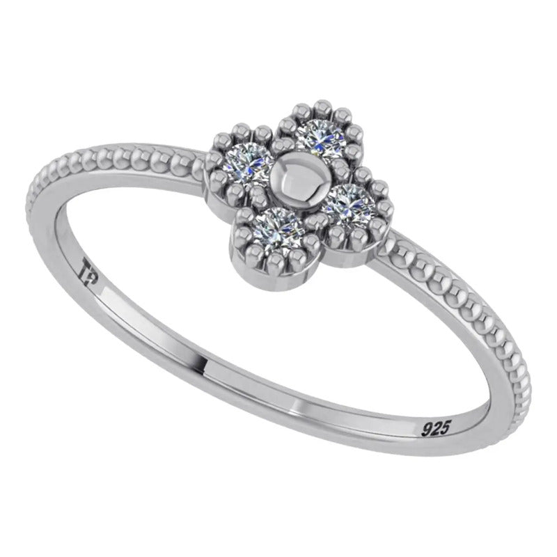 Anel De Prata 925 Flor Com 4 Zirconias - Exclusivo