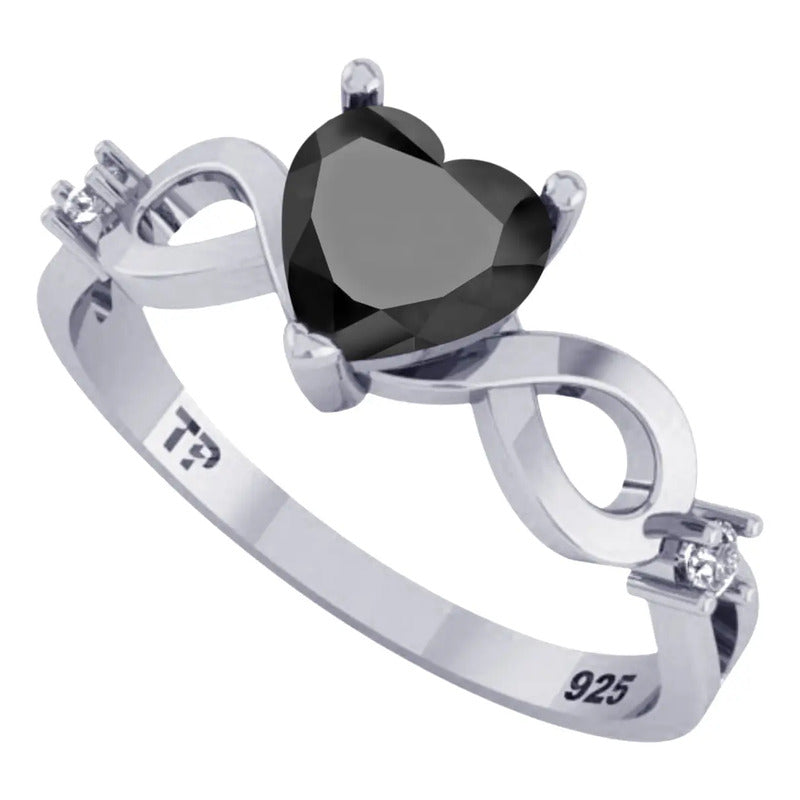 Anel Prata 925 Infinito Amor Coração - Black Onix