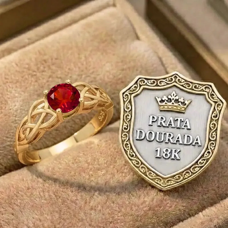 Anel Solitário Celta Knot Prata 925 Dourada 18k - Granada 13