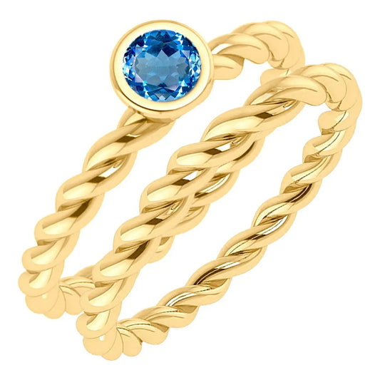 Anel Duplo Prata 925 Dourada 18k Torcido - Topázio Azul
