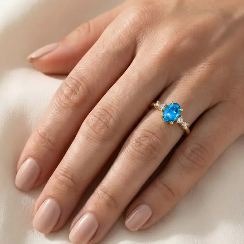 Anel London De Prata 925 Dourada Ouro 18k - Topázio Azul