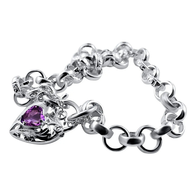 Pulseira Prata 925 Elo Português Ametista- Fecho Coração