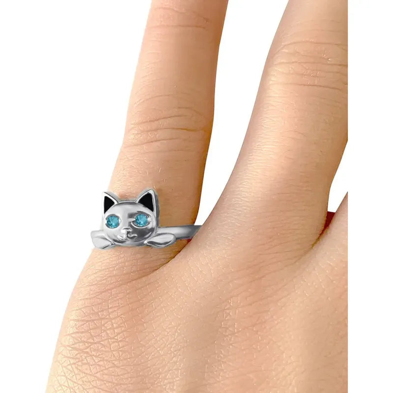 Anel Gatinho Olhos Topázio Azul Prata 925 - Exclusivo