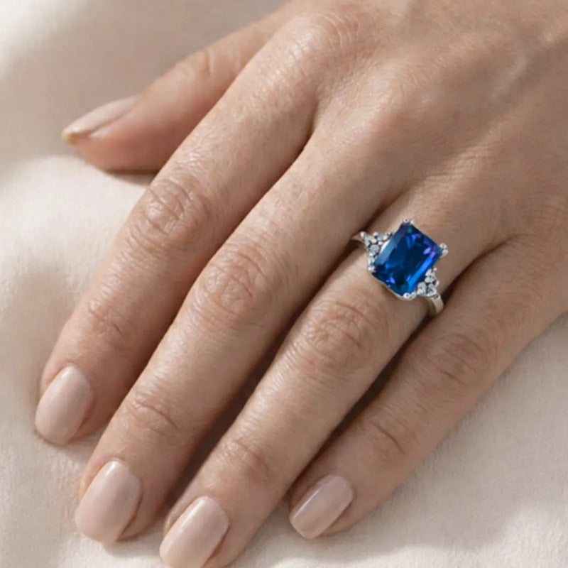 Anel Vintage Clássico Safira Azul Prata 925 - Feminino