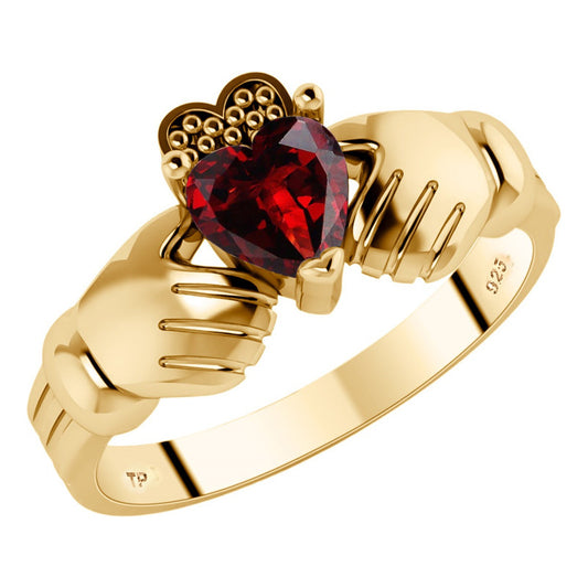 Irish Claddagh Ring 925 Silver 18k Gold - Garnet