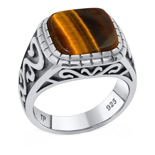Anel Masculino Esculpido Prata 925 Olho De Tigre
