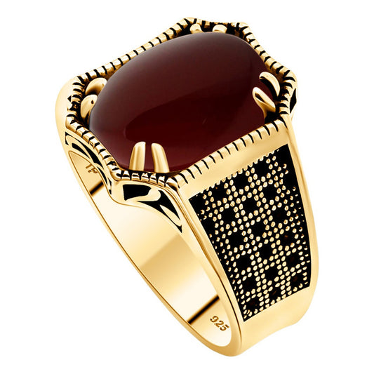 Anel Cabochão Prata 925 Dourada Ouro 18k - Ágata Vermelha