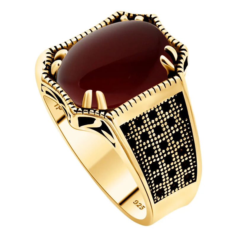 Anel Cabochão Prata 925 Dourada Ouro 18k - Ágata Vermelha