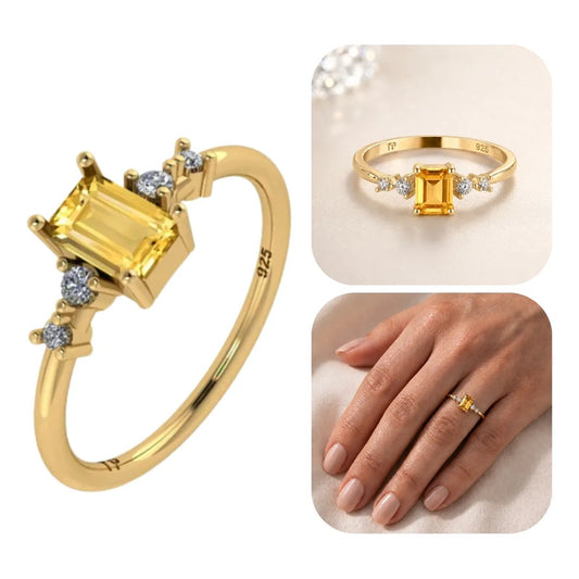 Anel Viena Retangular Prata 925 Dourada 18k - Citrino