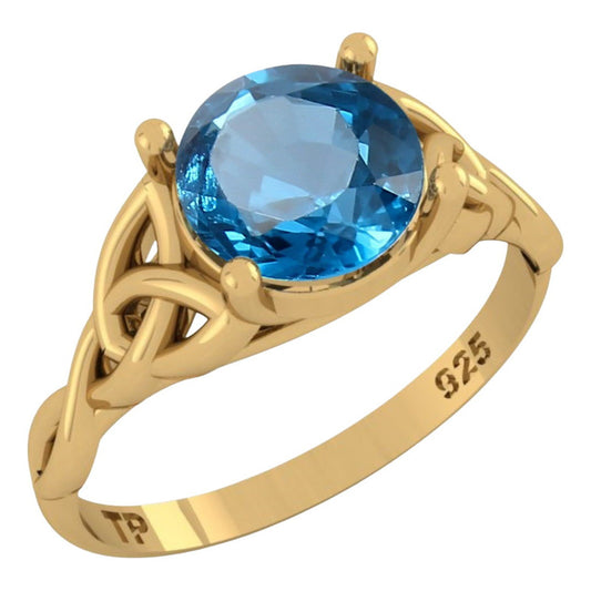 Anel Prata 925 Dourada 18k Celta Knot Trinity - Topázio Azul