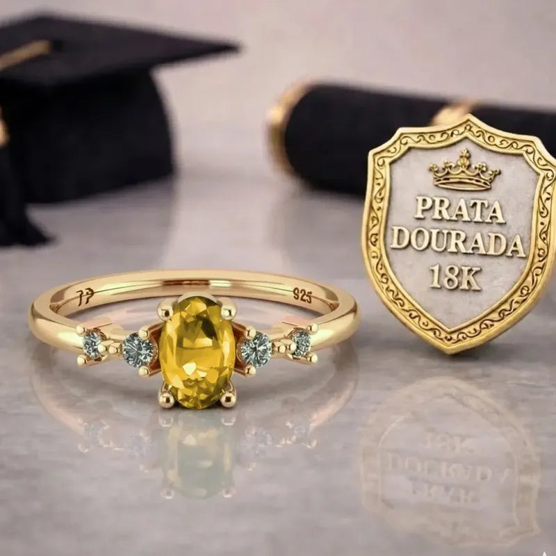 Anel Formatura Feminino Prata 925 Dourada 18k + Capelo Citrino 24-25
