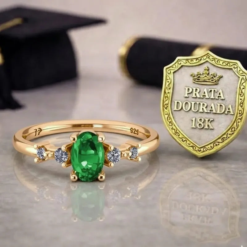 Anel Formatura Diversas Areas Prata 925 Dourada 18k + Capelo Esmeralda 24-25