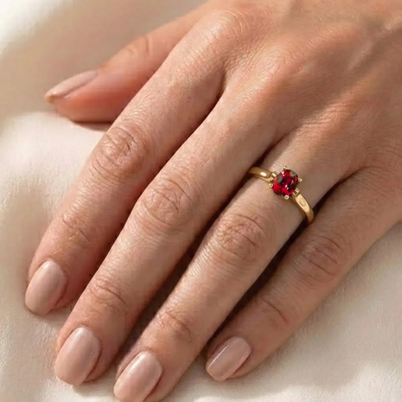 Anel Solitário Oval Em Prata 925 Dourada 18k - Granada