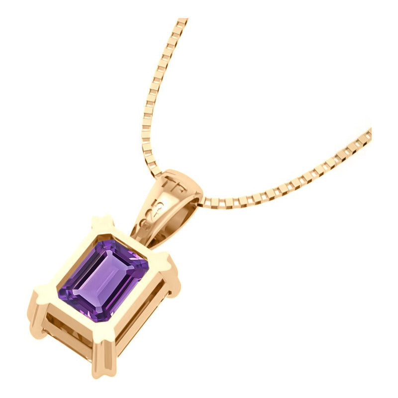 Colar Pingente Retangular Prata 925 Dourada 18k - Ametista